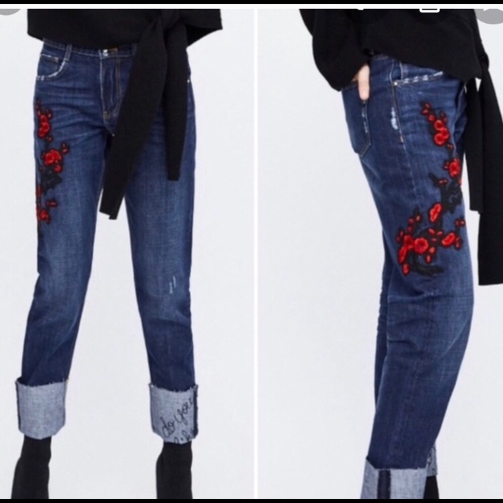 Zara Trafaluc Cigarette Floral Embroidered Jeans 6